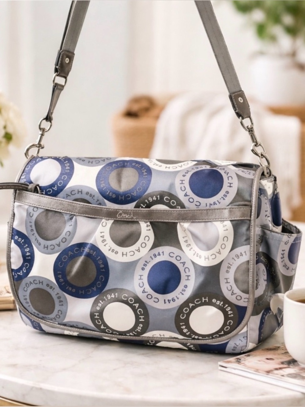Coach Blue Gray Signature Laptop Diaper Bag Y2K Tote Messenger Crossbody F18377 - Picture 3 of 17